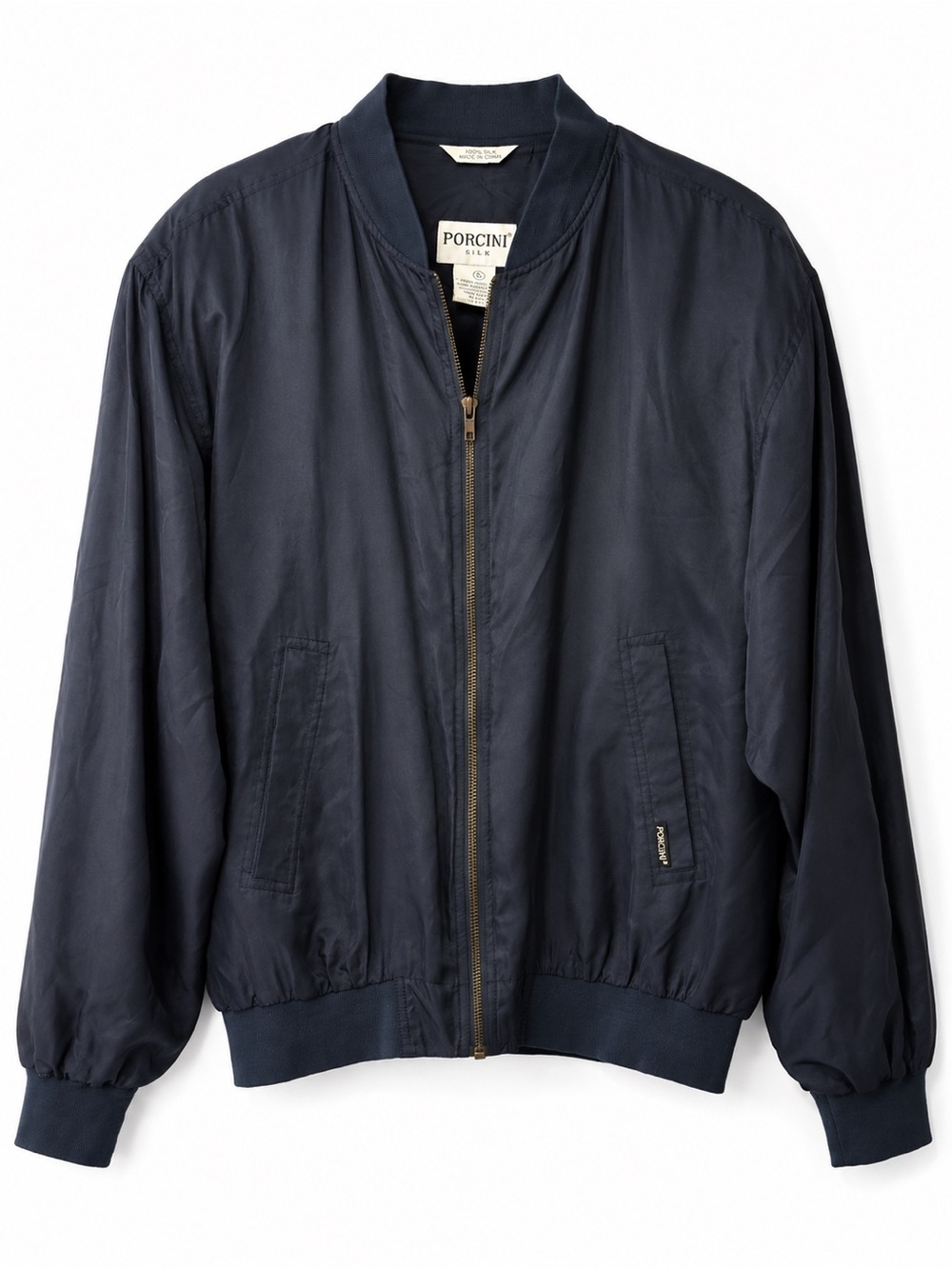 Porcini Silk Bomber Jacket Women’s Size S Navy Blue Full Zip 100% Silk - Picture 2 of 5